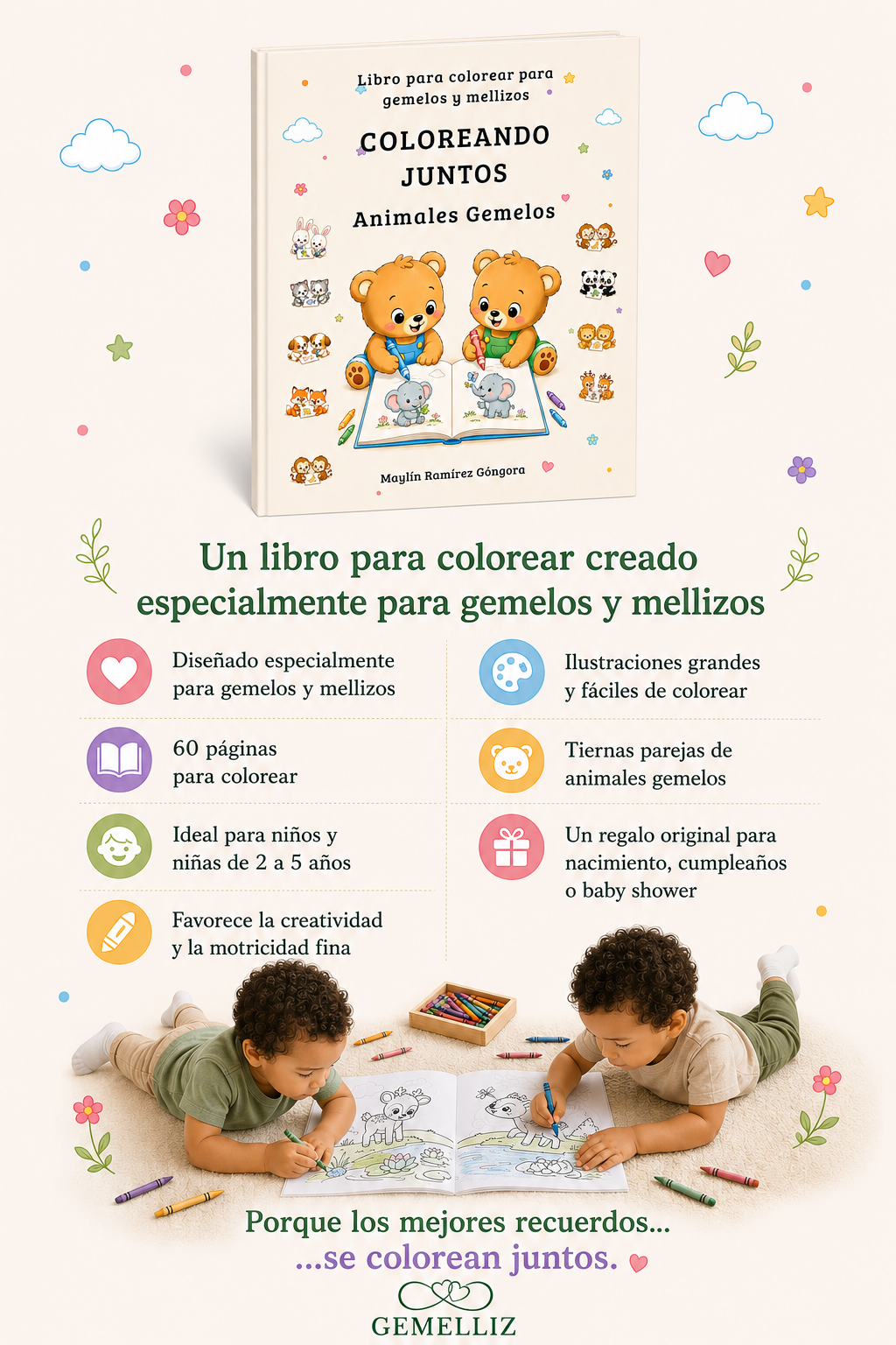 COLOREANDO JUNTOS: Animales Gemelos | Libro para Colorear para Gemelos y Mellizos